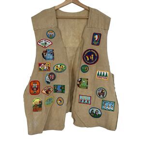 Vintage YMCA Indian Princess Suede Vest Mens Beige Camping Patch Father Daughter